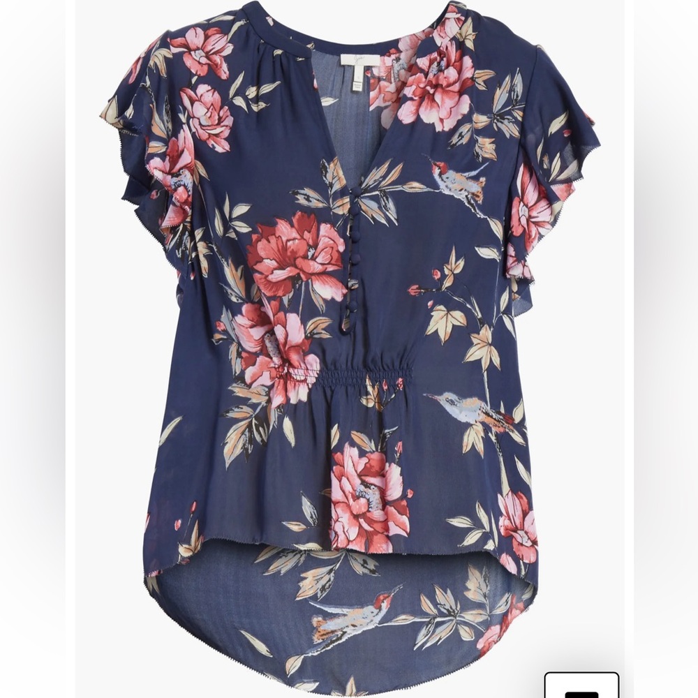 Crisbell V-Neck Floral Silk Blouse‎ In Dark Navy Women’s Size Small Nordstrom